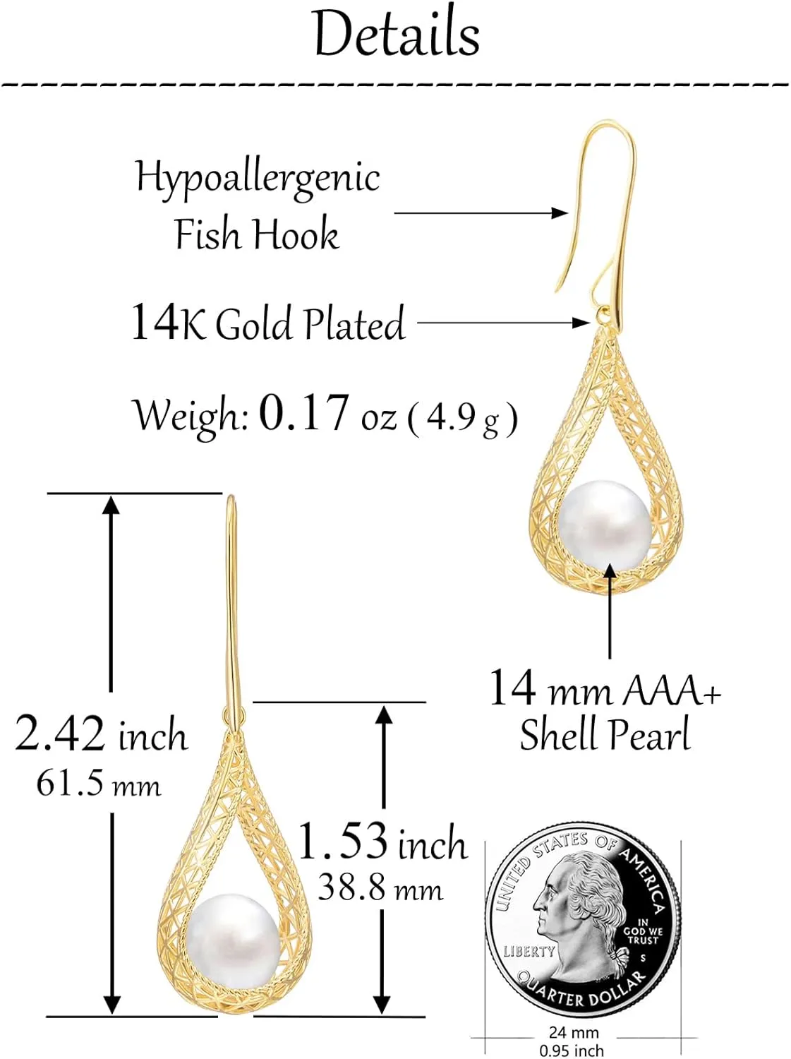 14MM Big Pearl Necklace and Earring Sets for Women Glod Plated Jewelry Set