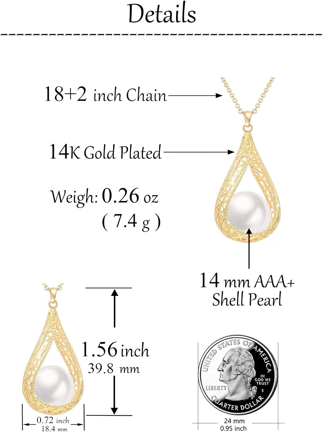 14MM Big Pearl Necklace and Earring Sets for Women Glod Plated Jewelry Set