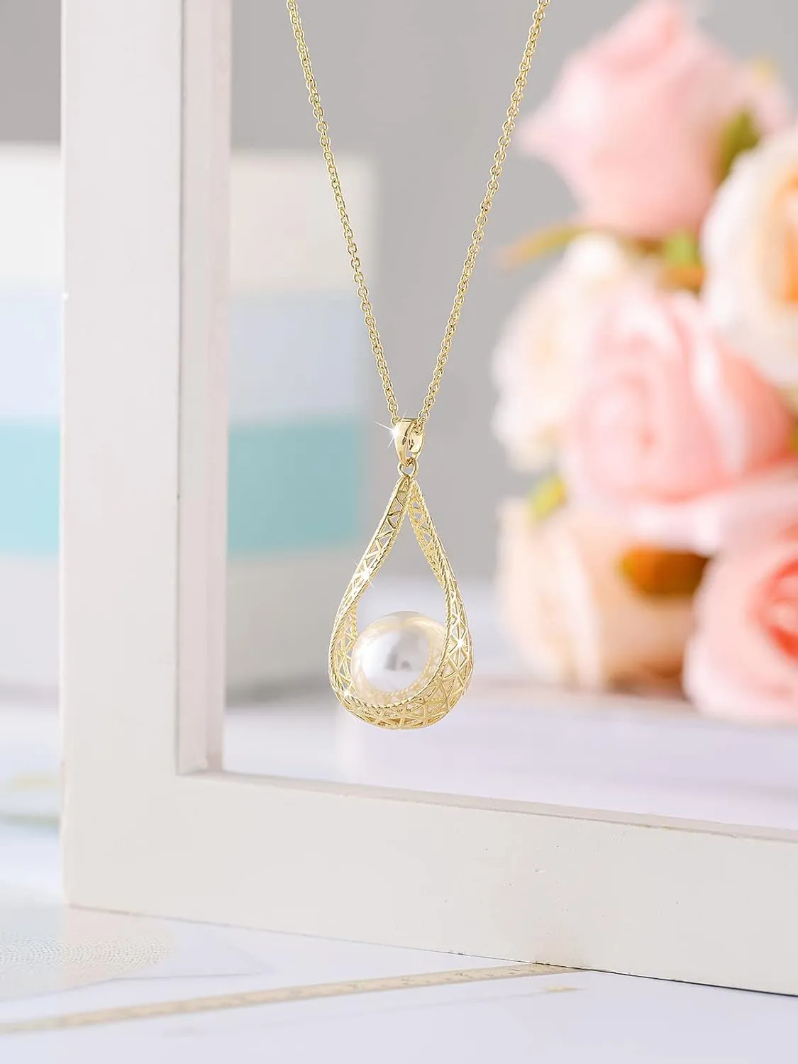 14MM Big Pearl Necklace and Earring Sets for Women Glod Plated Jewelry Set
