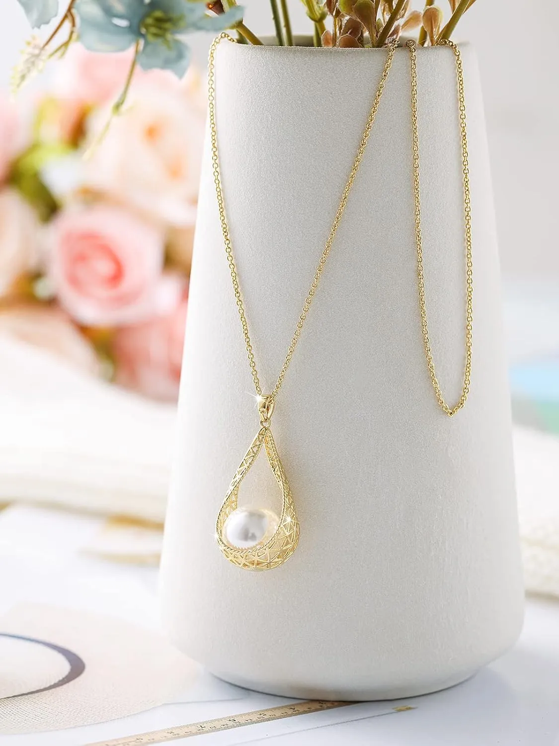 14MM Big Pearl Necklace and Earring Sets for Women Glod Plated Jewelry Set