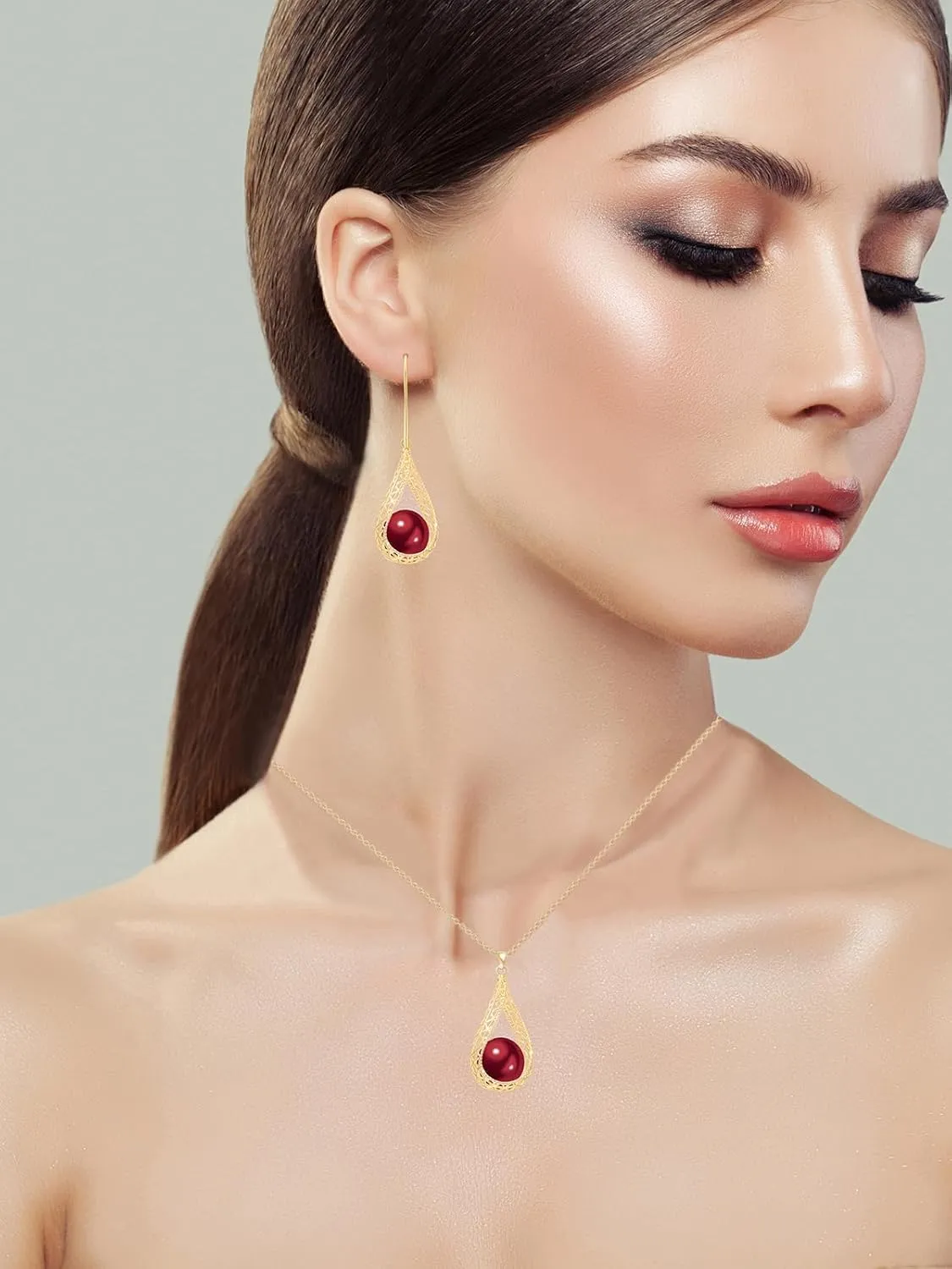 14MM Big Pearl Necklace and Earring Sets for Women Glod Plated Jewelry Set