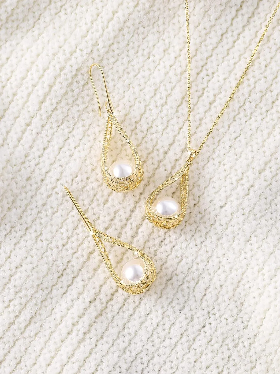 14MM Big Pearl Necklace and Earring Sets for Women Glod Plated Jewelry Set