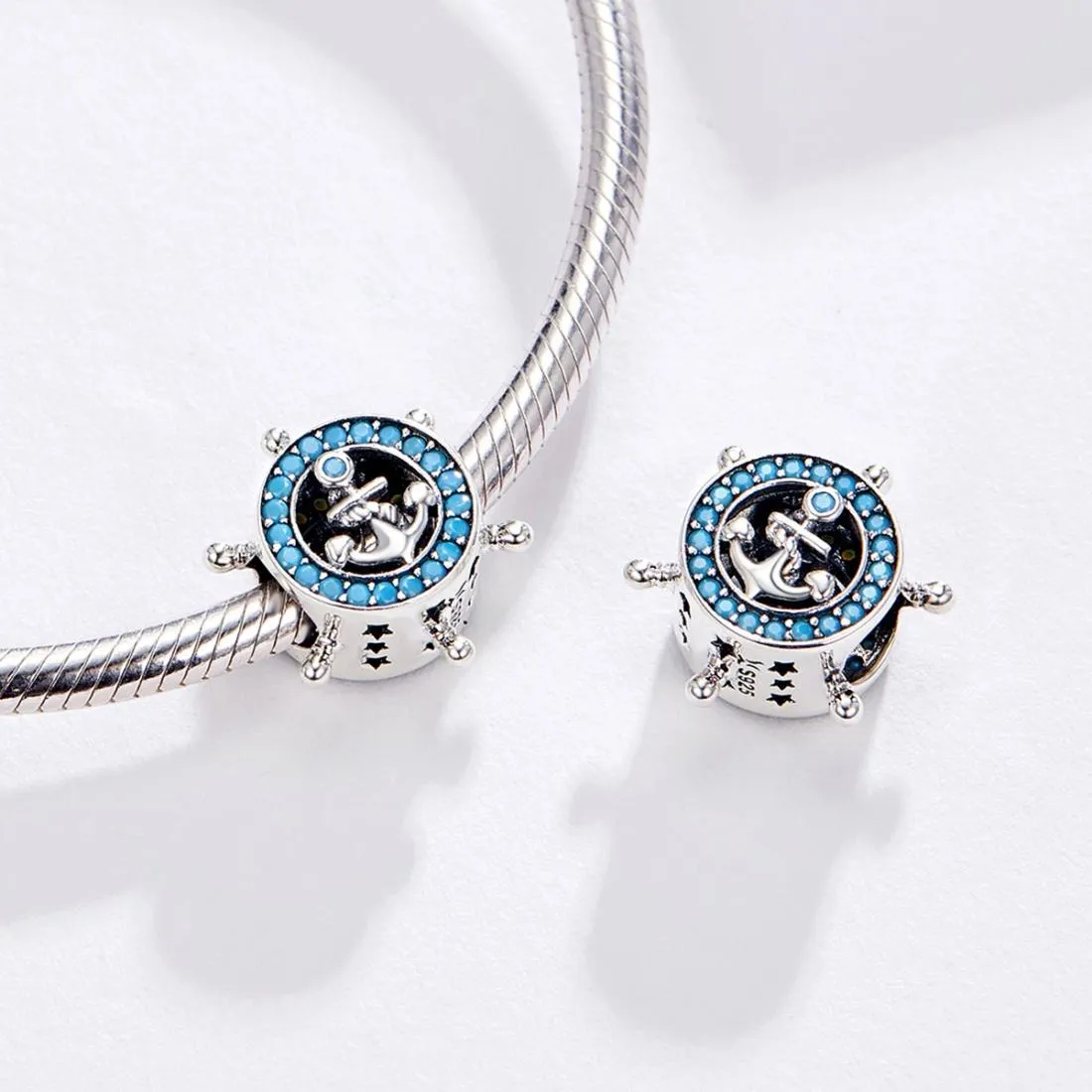 925 Sterling Silver Diy Boat Rudder Bracelet & Blue Beads