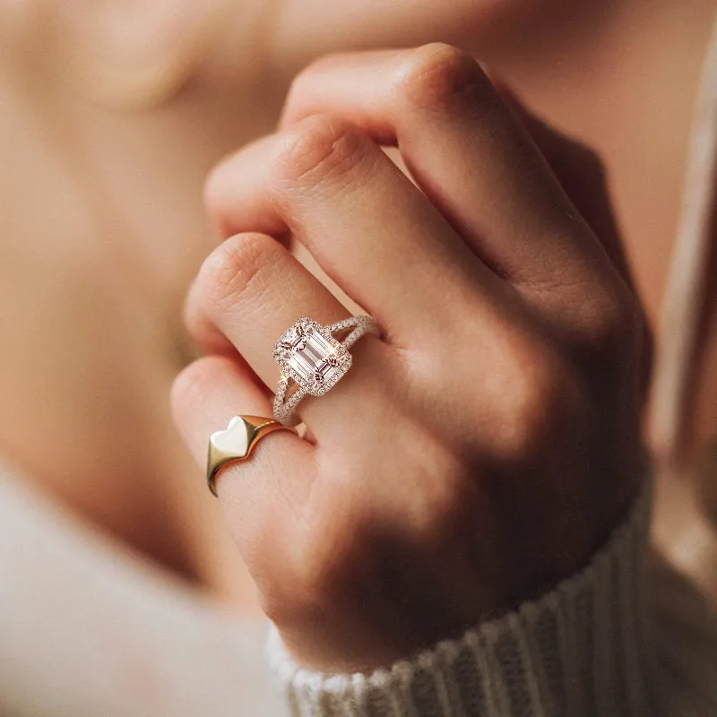 925 Sterling Silver Emerald Cut Engagement Ring
