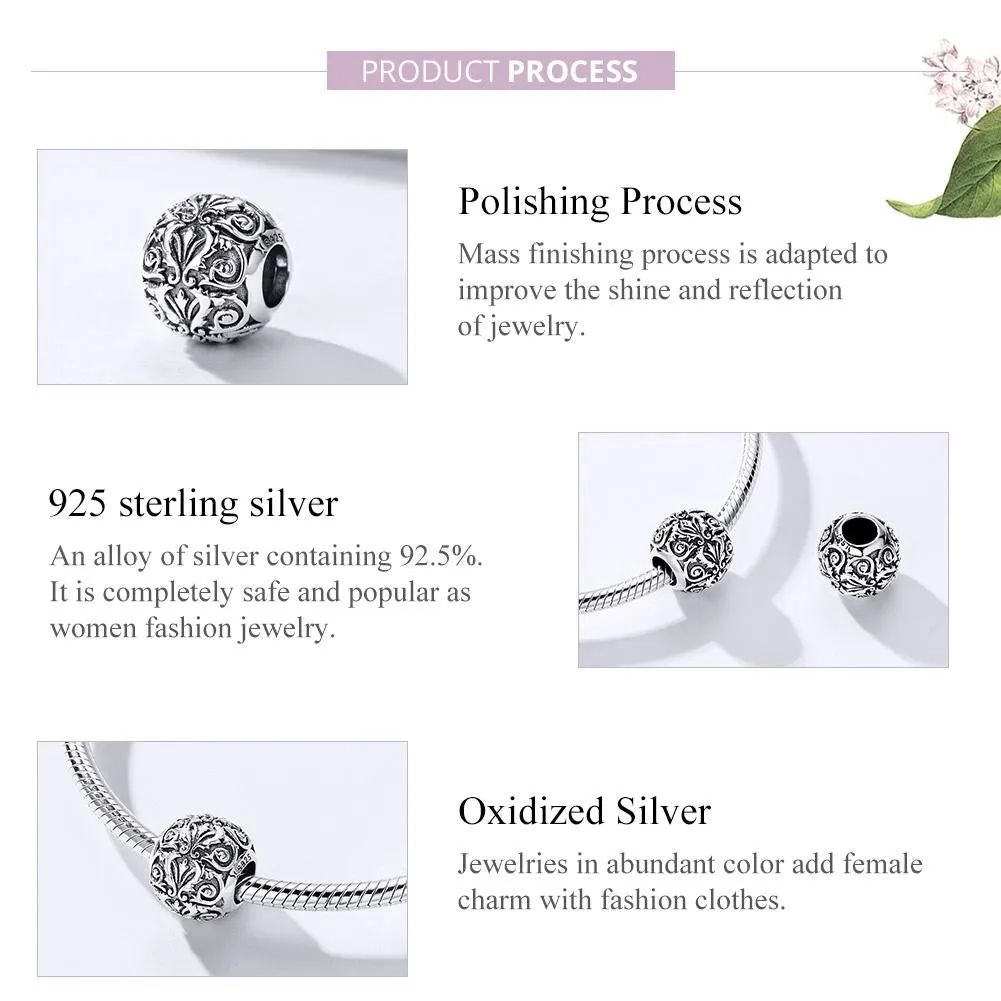 925 Sterling Silver Retro Flower Texture Beads For Diy Bracelets & Necklaces