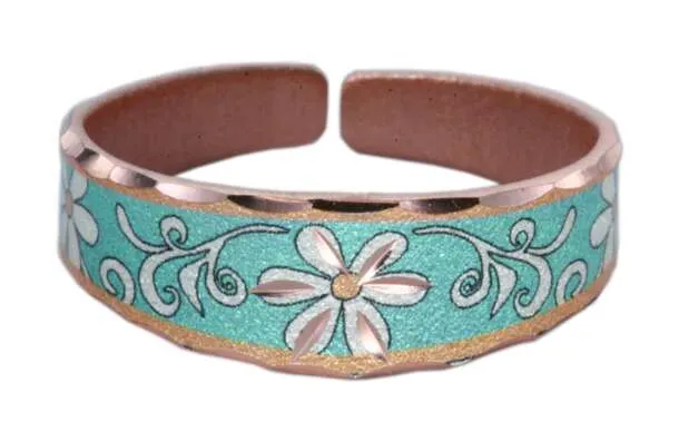 Copper Narrow Teal Flower Design Ring