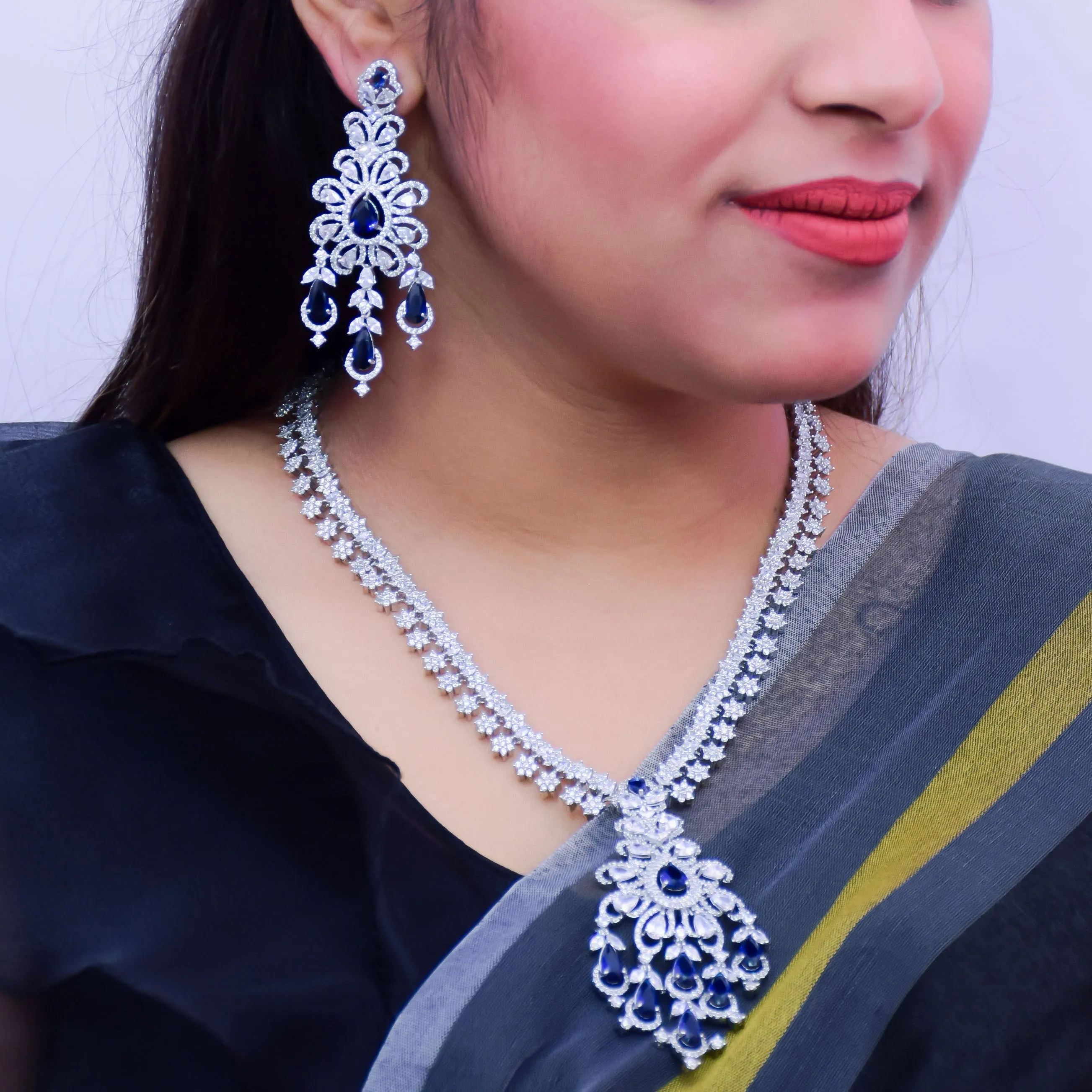 Designer Semi-Precious American Diamond & Blue Color Necklace with Earrings (D667)