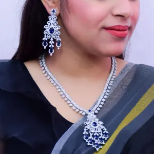 Designer Semi-Precious American Diamond & Blue Color Necklace with Earrings (D667)