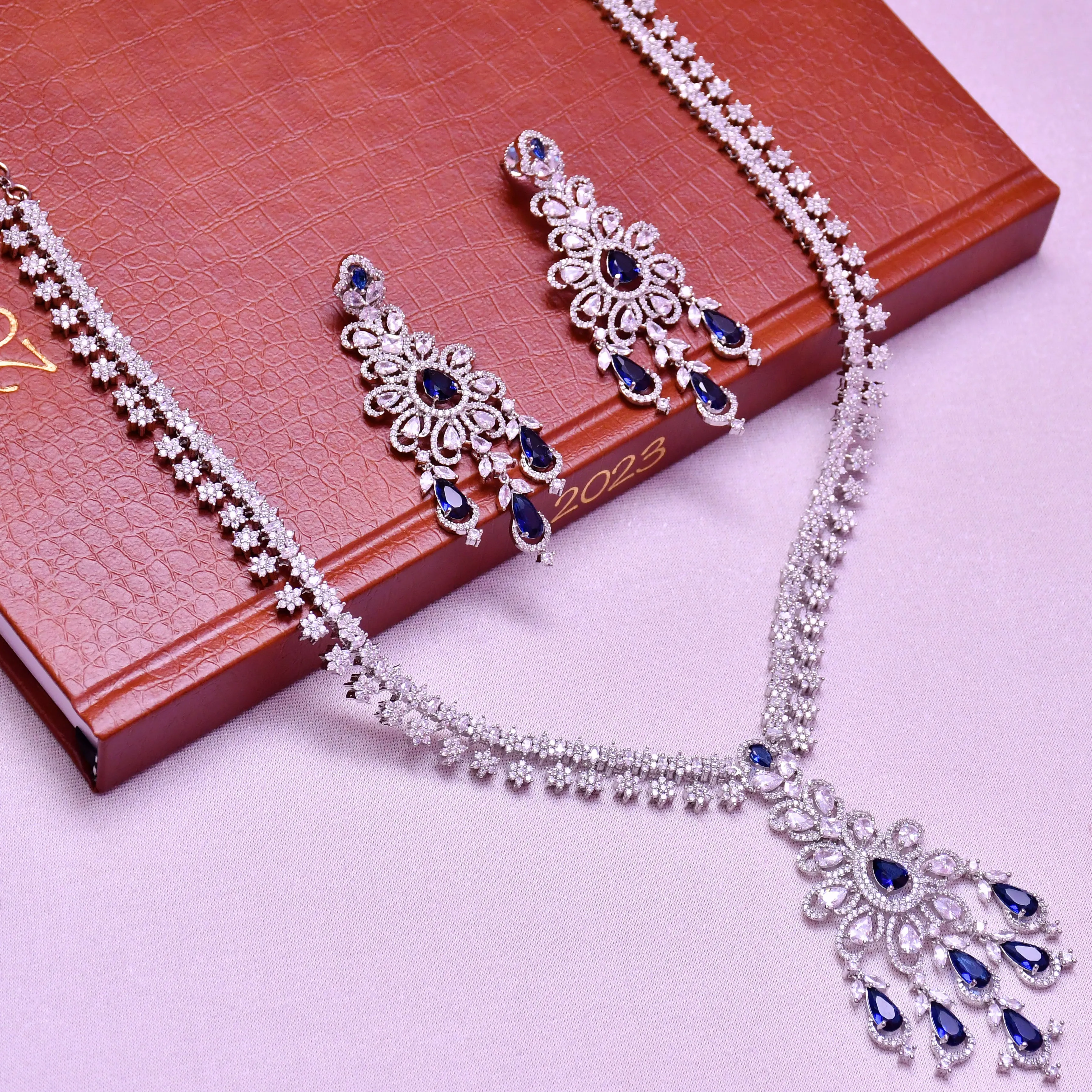 Designer Semi-Precious American Diamond & Blue Color Necklace with Earrings (D667)