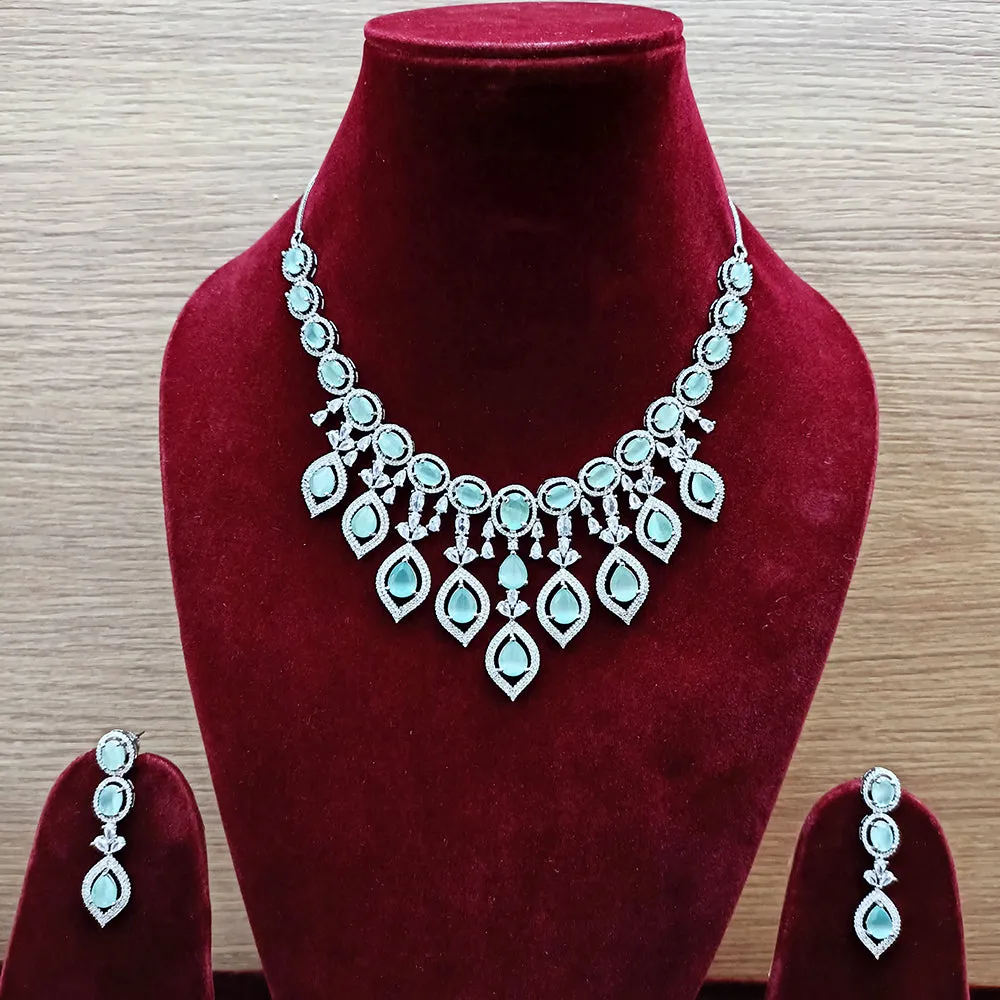Designer Semi-Precious American Diamond & Mint Green Necklace with Earrings (D310)