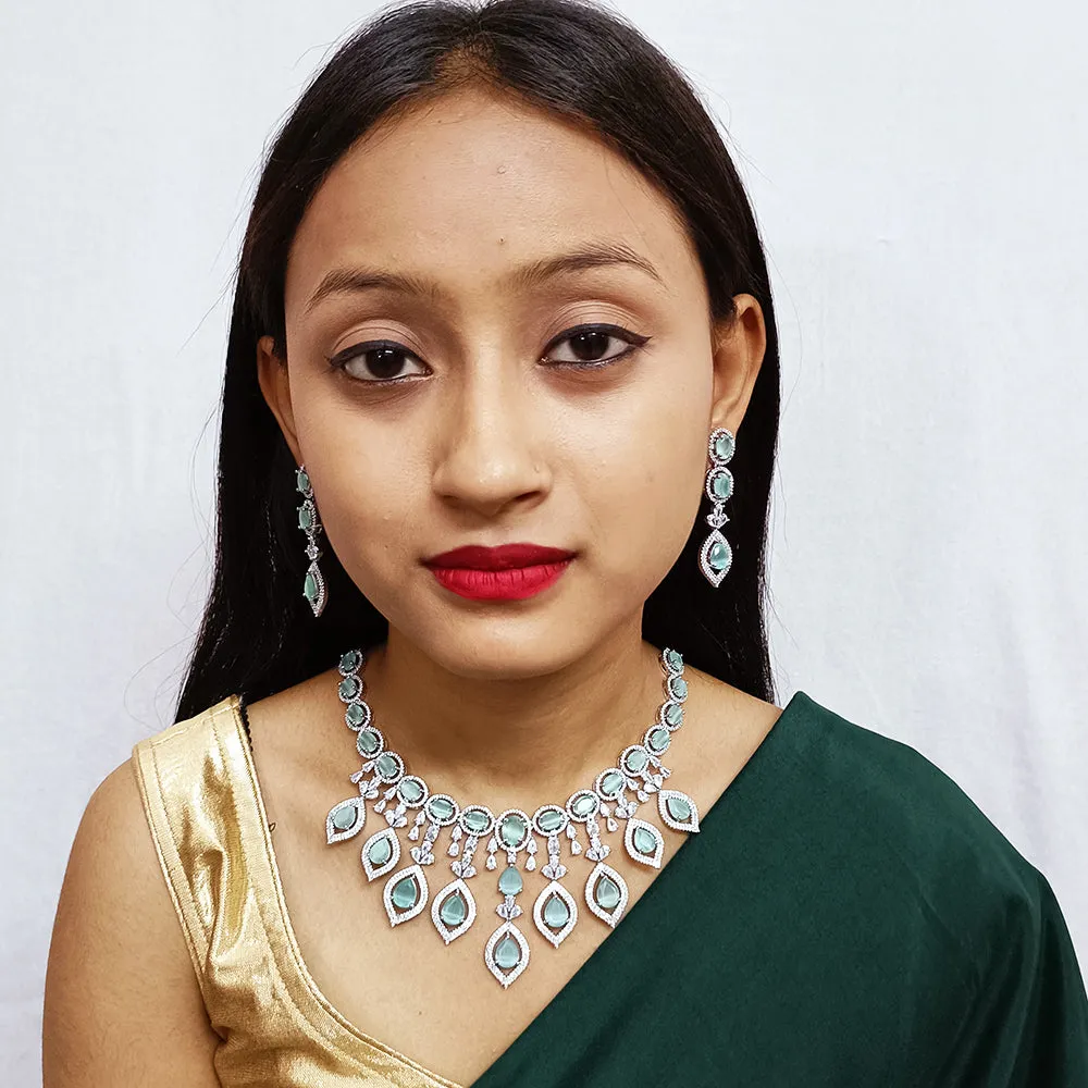 Designer Semi-Precious American Diamond & Mint Green Necklace with Earrings (D310)