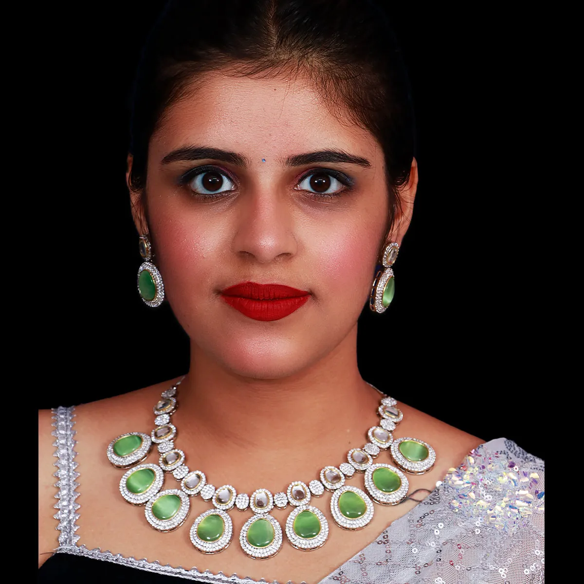 Designer Semi-Precious American Diamond & Mint Green Necklace with Earrings (D476)