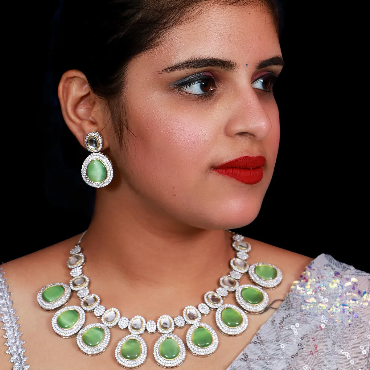 Designer Semi-Precious American Diamond & Mint Green Necklace with Earrings (D476)