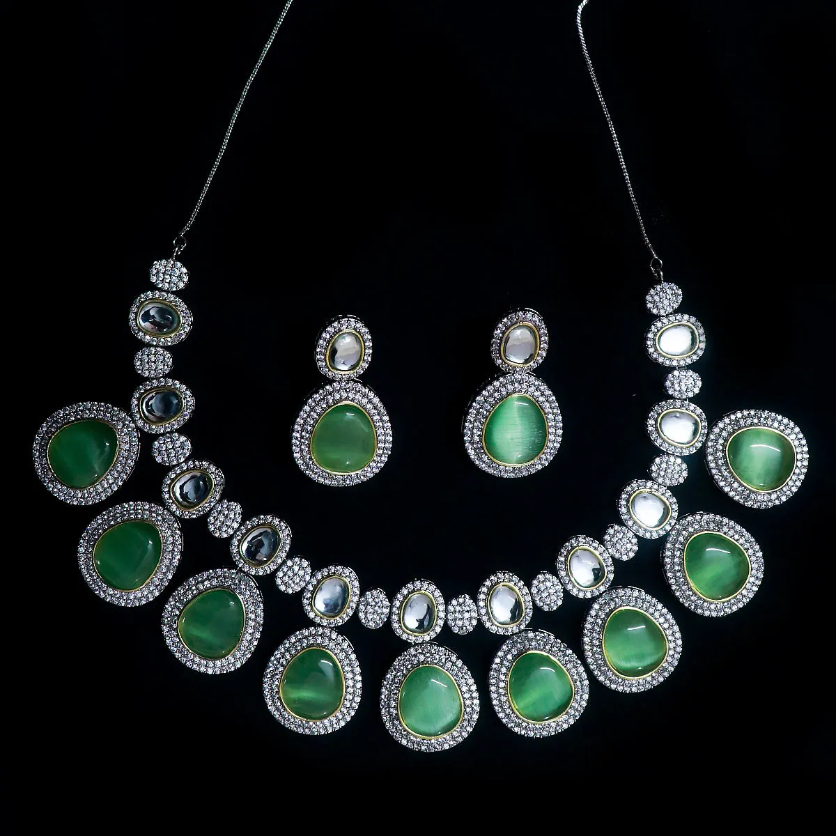 Designer Semi-Precious American Diamond & Mint Green Necklace with Earrings (D476)