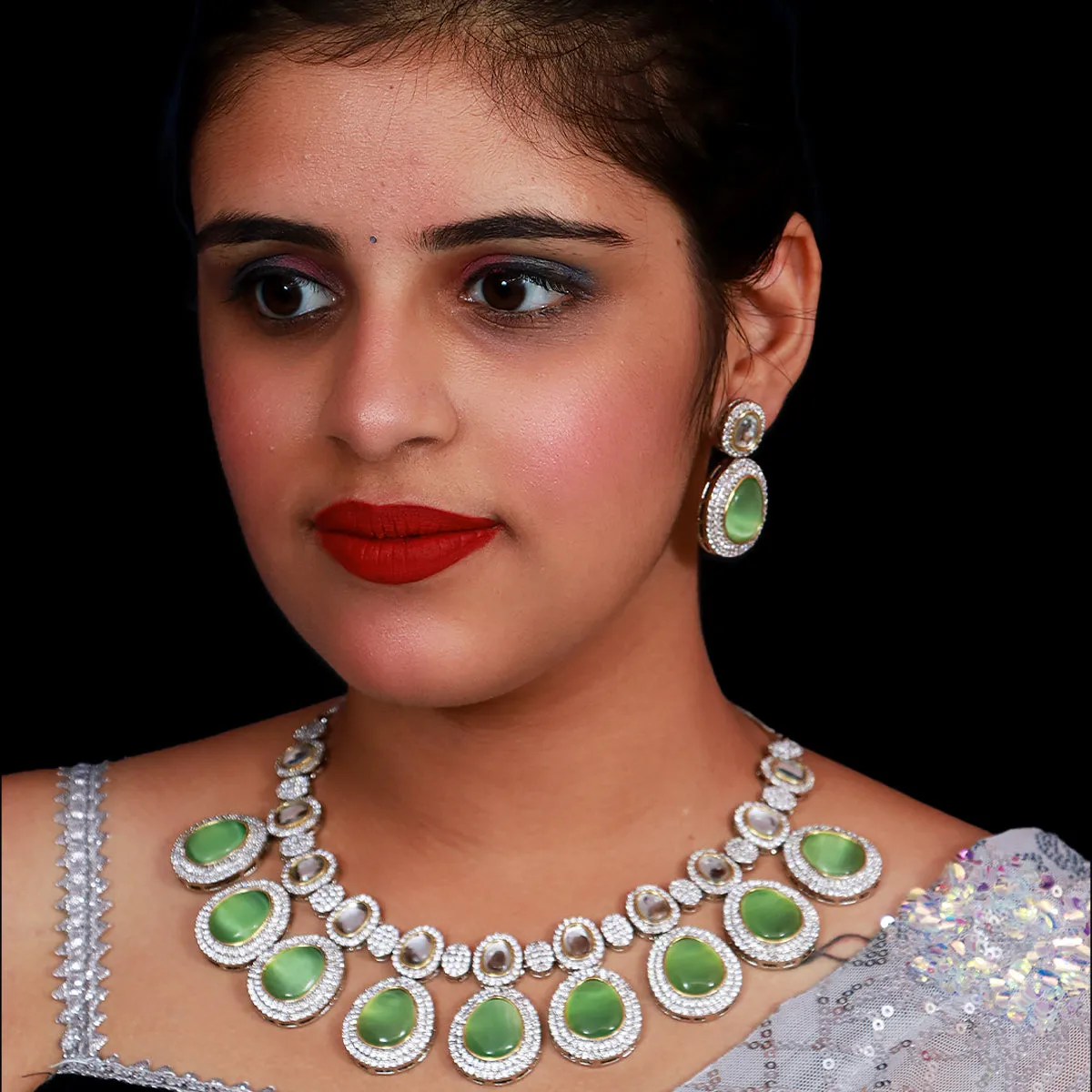 Designer Semi-Precious American Diamond & Mint Green Necklace with Earrings (D476)