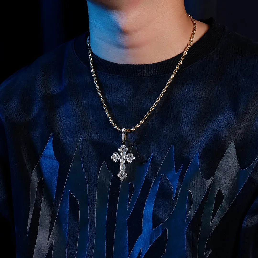Double-Layered Baguette Bottoni Cross Pendant