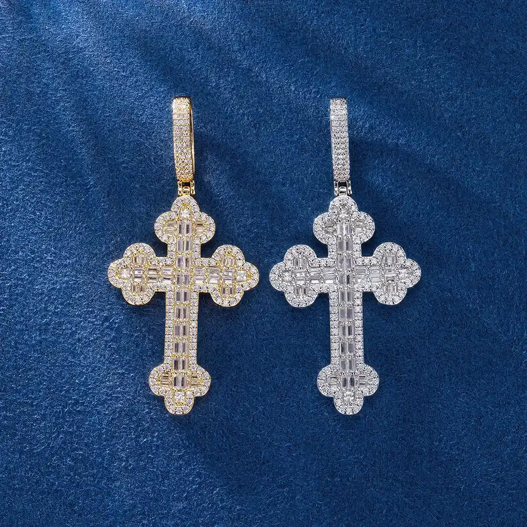 Double-Layered Baguette Bottoni Cross Pendant