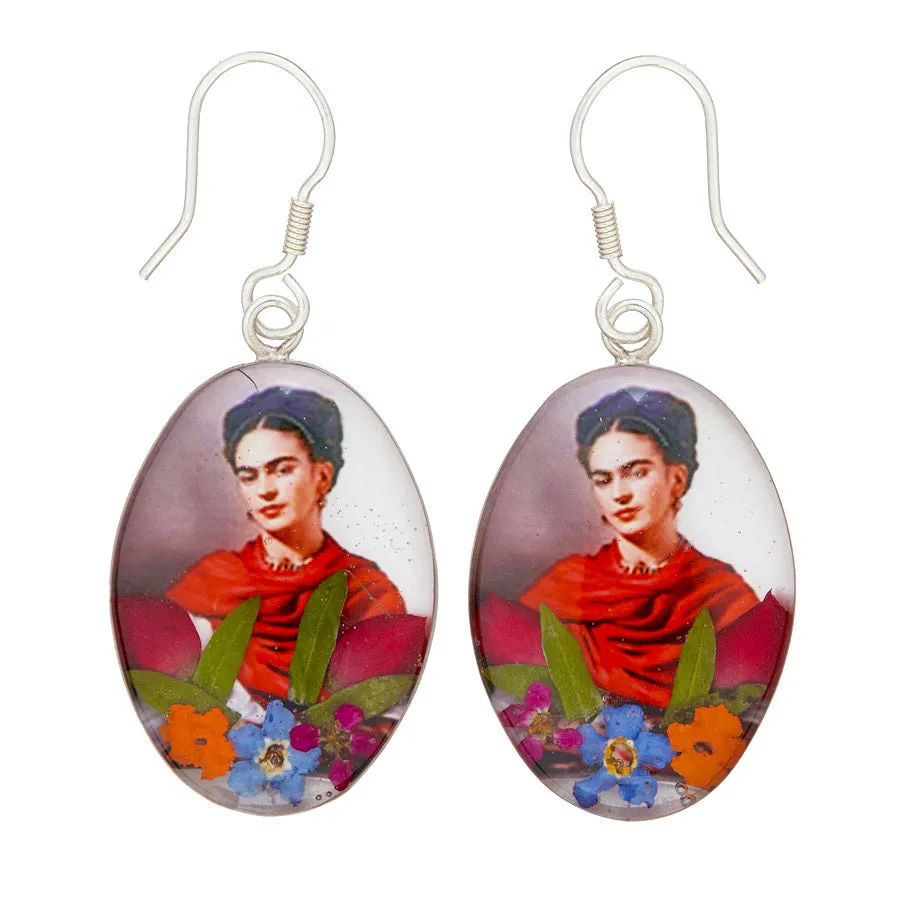Frida Kahlo in Scarf Mexican Flowers Medium Hook Earrings