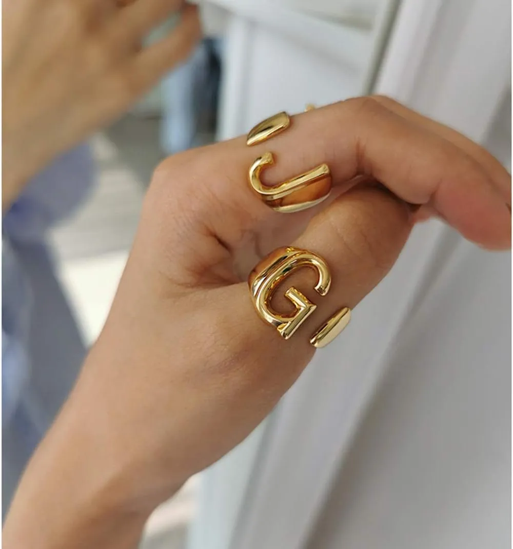 KeyStyle Bold Initial Letter Rings Adjustable, GoldChic Jewelry Women Gold Statement Ring Personalized Engraved Womens Open Signet Ring for Party (Gold, White Gold, Black)