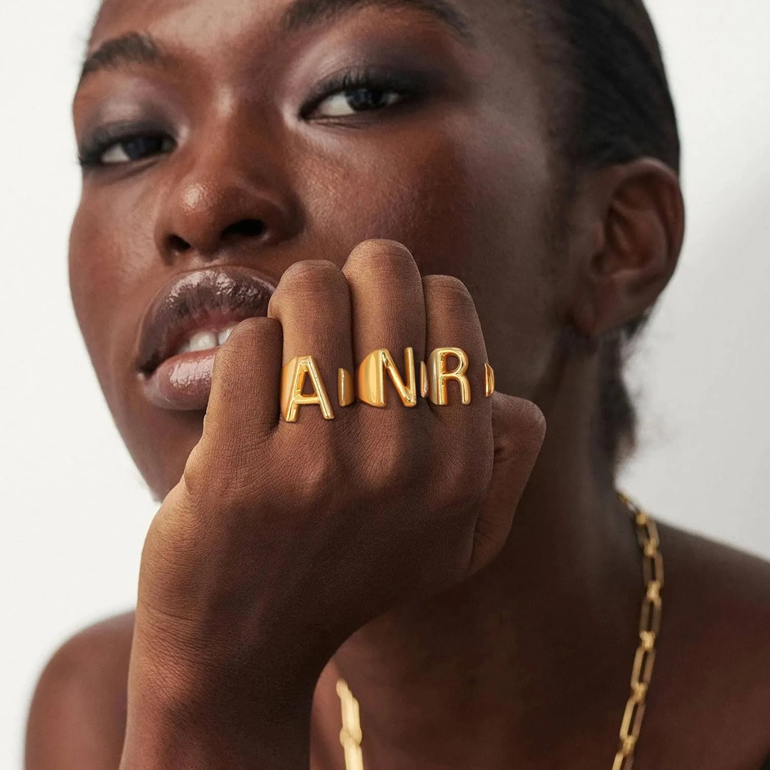 KeyStyle Bold Initial Letter Rings Adjustable, GoldChic Jewelry Women Gold Statement Ring Personalized Engraved Womens Open Signet Ring for Party (Gold, White Gold, Black)