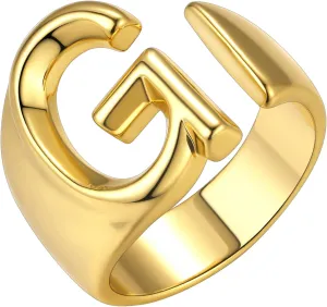KeyStyle Bold Initial Letter Rings Adjustable, GoldChic Jewelry Women Gold Statement Ring Personalized Engraved Womens Open Signet Ring for Party (Gold, White Gold, Black)
