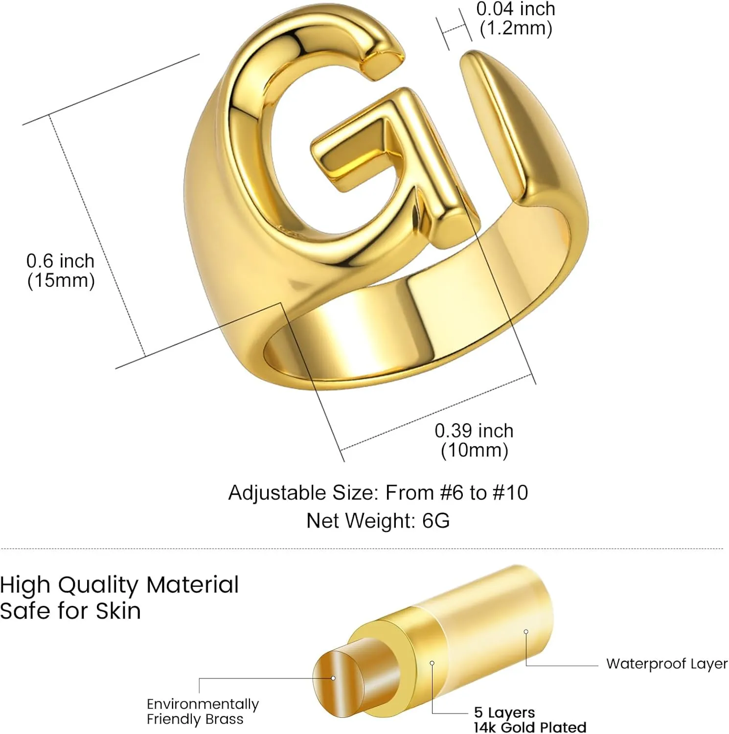 KeyStyle Bold Initial Letter Rings Adjustable, GoldChic Jewelry Women Gold Statement Ring Personalized Engraved Womens Open Signet Ring for Party (Gold, White Gold, Black)