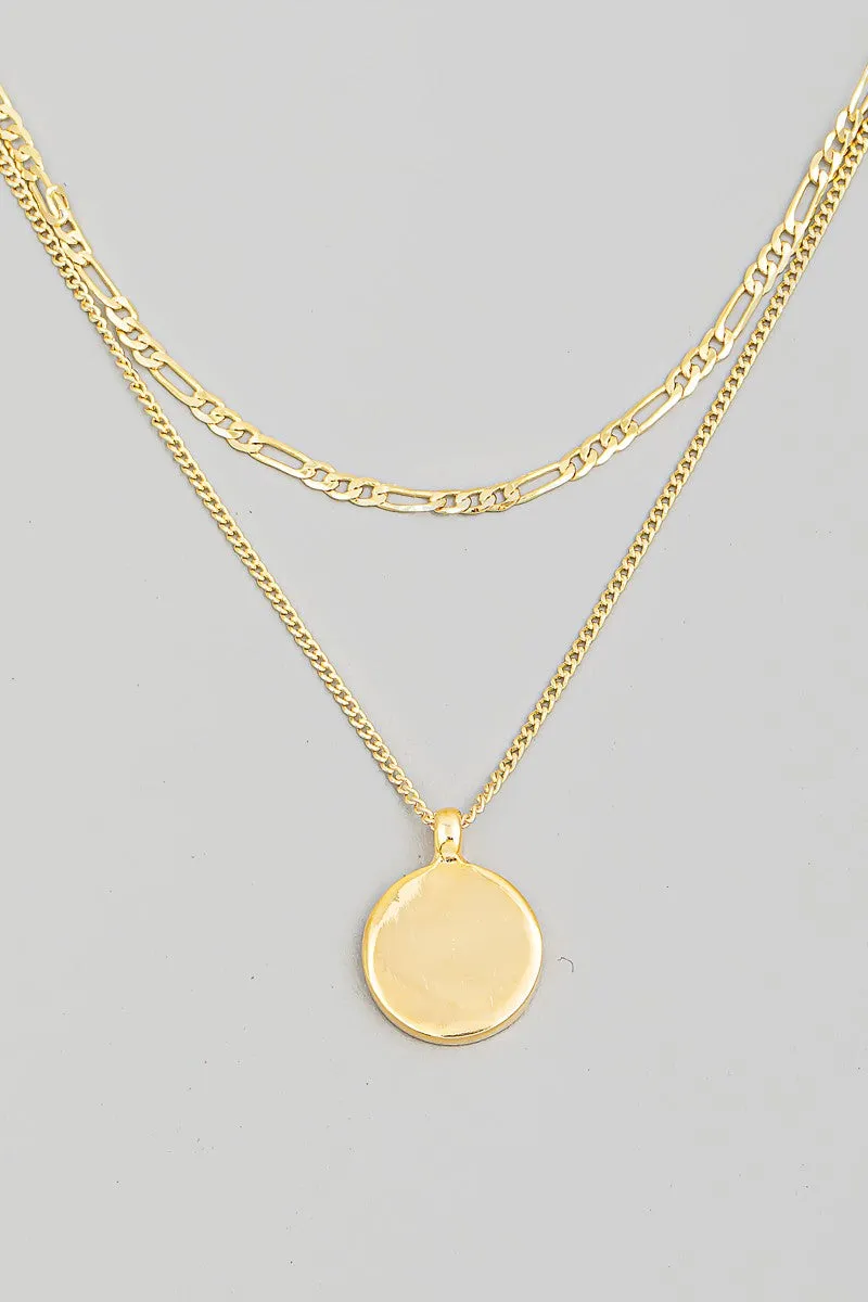 Layered Chain Link Disc Pendant Necklace/
