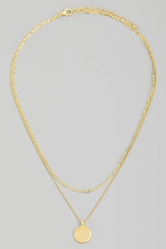 Layered Chain Link Disc Pendant Necklace/