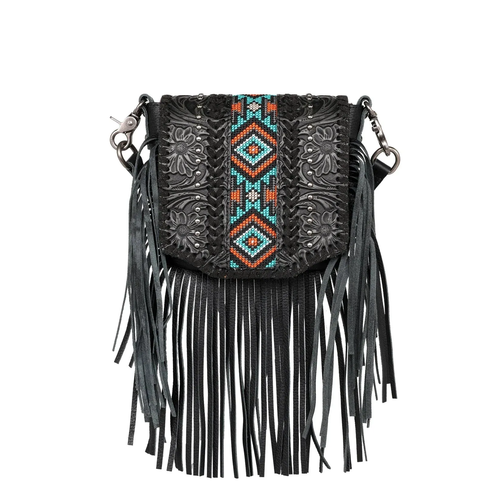 Montana West Genuine Leather Tooled Collection Fringe Crossbody