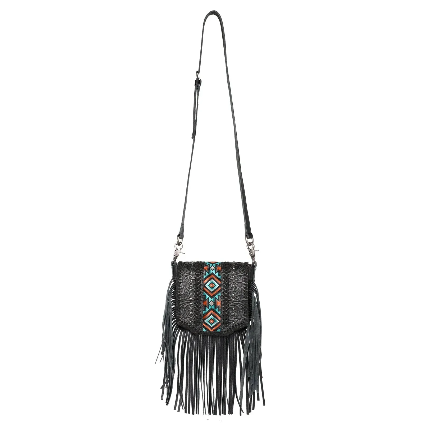 Montana West Genuine Leather Tooled Collection Fringe Crossbody