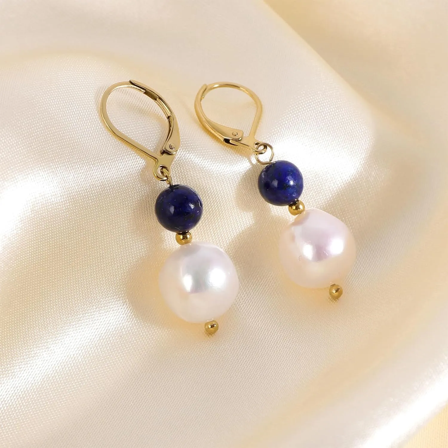 Natural Freshwater Pearl Lever Back Earring for Women 18k Real Gold Plated Huggie Hoop Earring Natural Gemstone Pearl Bead Drop Jewelry Gift for Wife Girlfriend Daughter