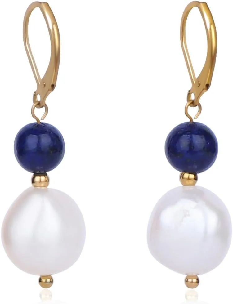 Natural Freshwater Pearl Lever Back Earring for Women 18k Real Gold Plated Huggie Hoop Earring Natural Gemstone Pearl Bead Drop Jewelry Gift for Wife Girlfriend Daughter