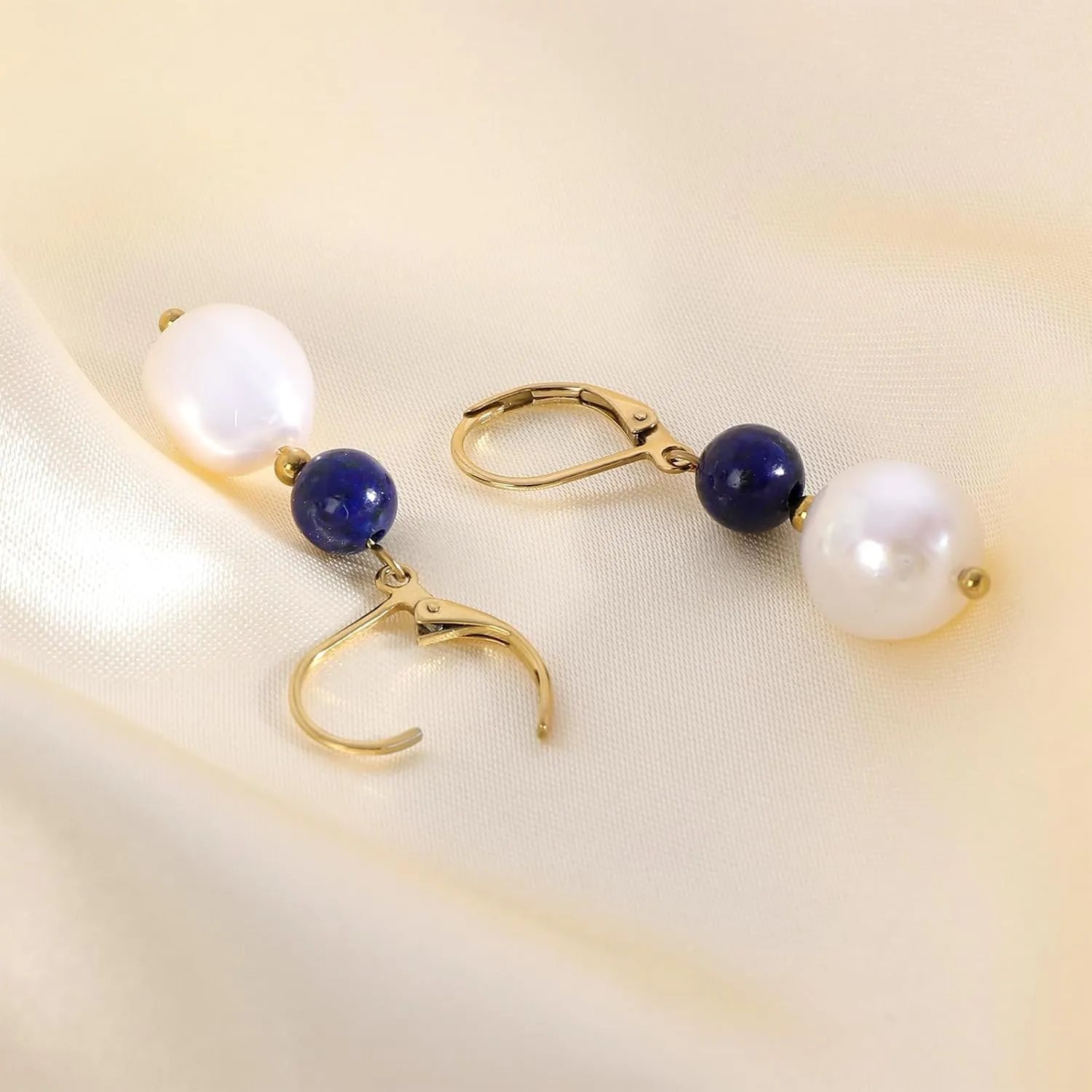 Natural Freshwater Pearl Lever Back Earring for Women 18k Real Gold Plated Huggie Hoop Earring Natural Gemstone Pearl Bead Drop Jewelry Gift for Wife Girlfriend Daughter