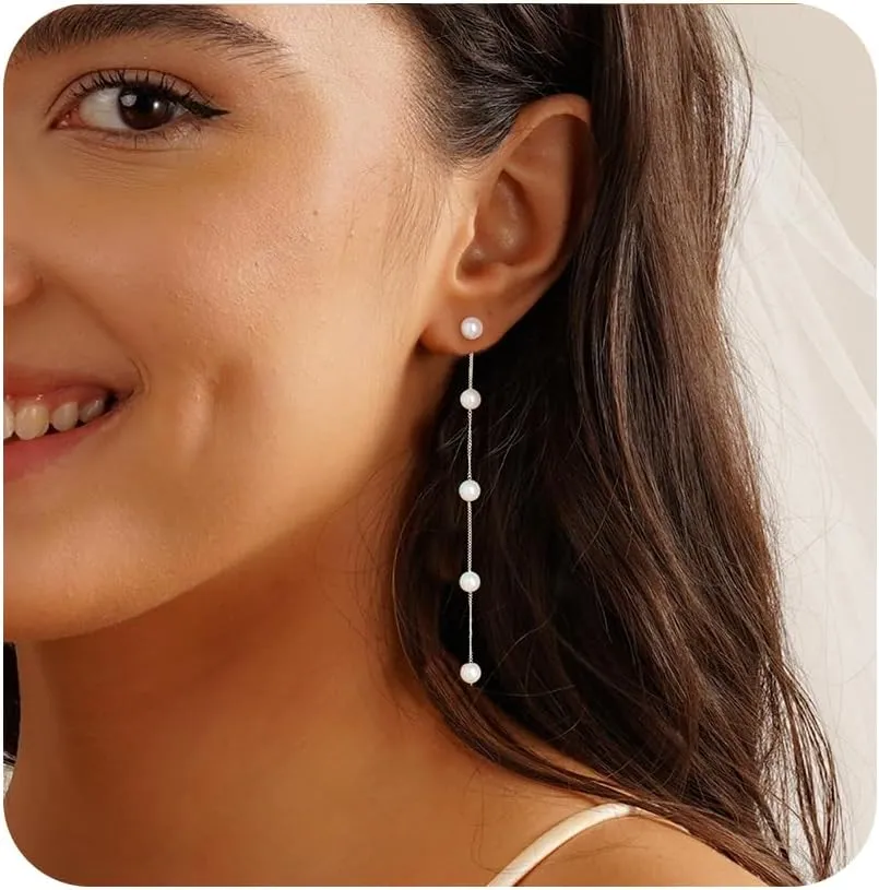 Pearl Earrings4mm 5mm 6mm Gold/Silver Dangle Earrings for Women White Long Drop Pearl Dangling Earrings Bridal Wedding Dainty Prom Earrings Birthday Gifts Jewelry