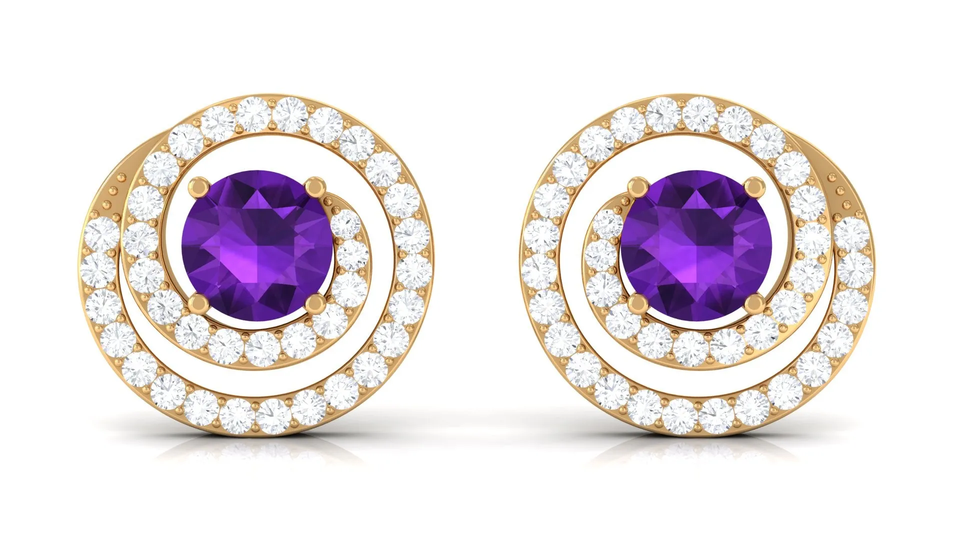 Round Amethyst and Diamond Contemporary Swirl Stud Earrings