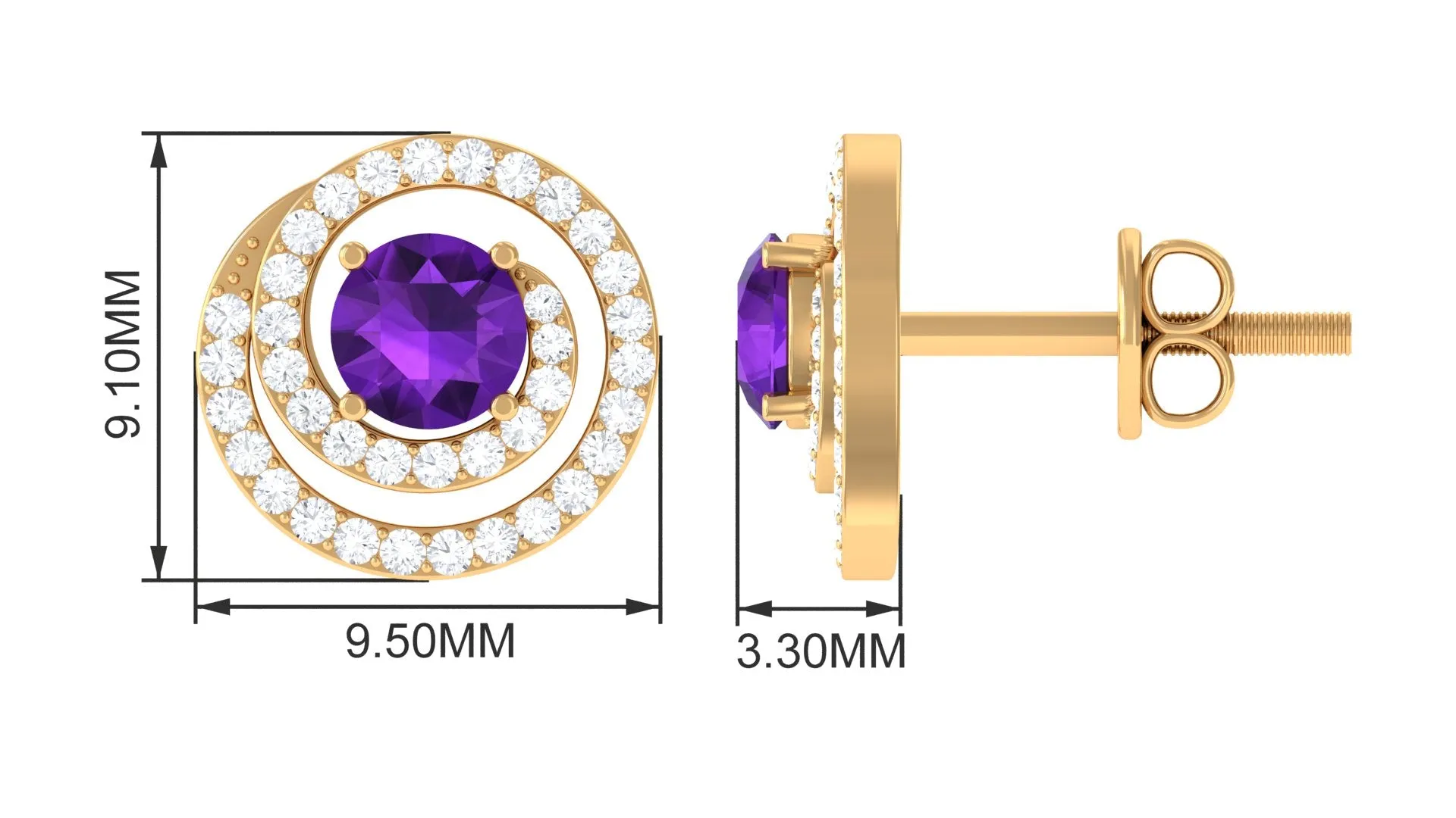Round Amethyst and Diamond Contemporary Swirl Stud Earrings