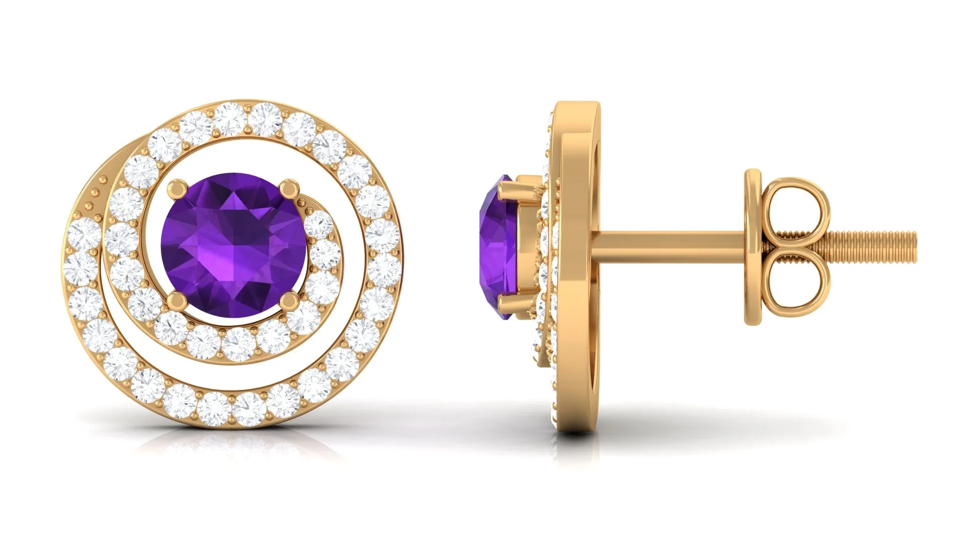 Round Amethyst and Diamond Contemporary Swirl Stud Earrings