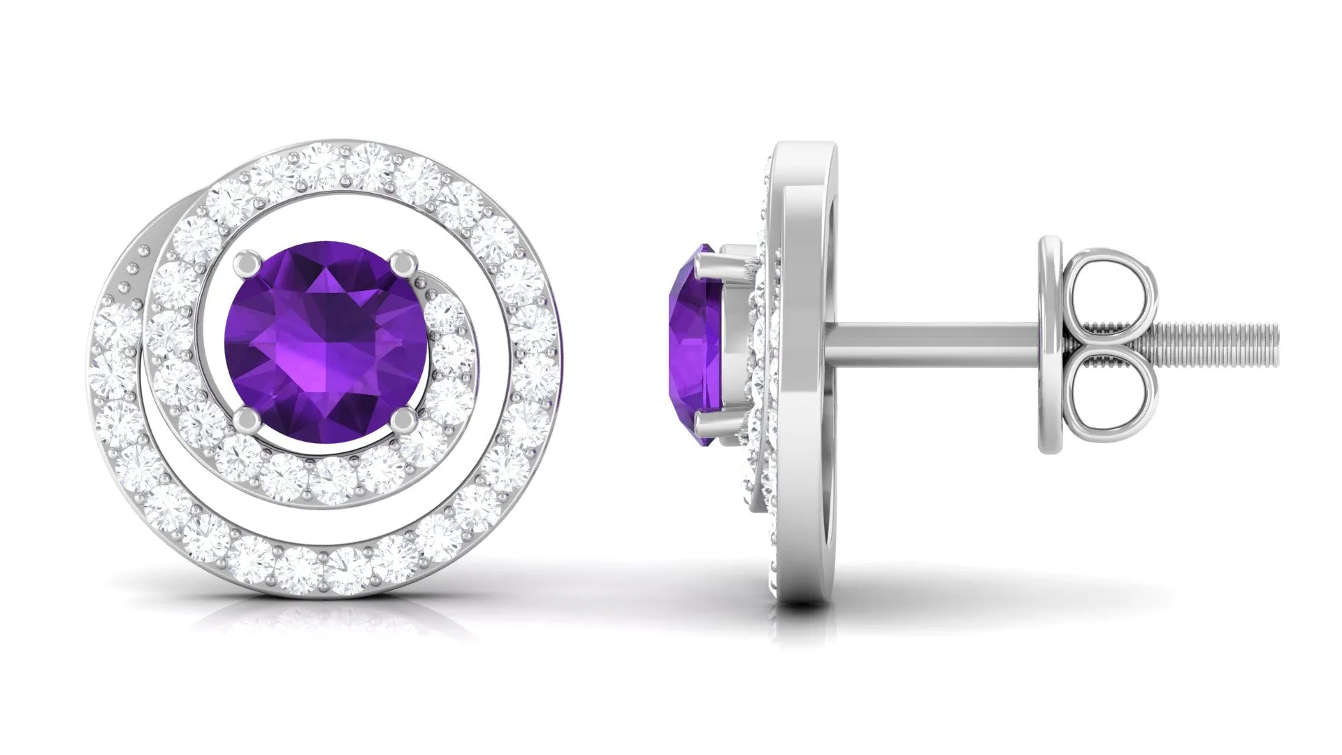Round Amethyst and Diamond Contemporary Swirl Stud Earrings