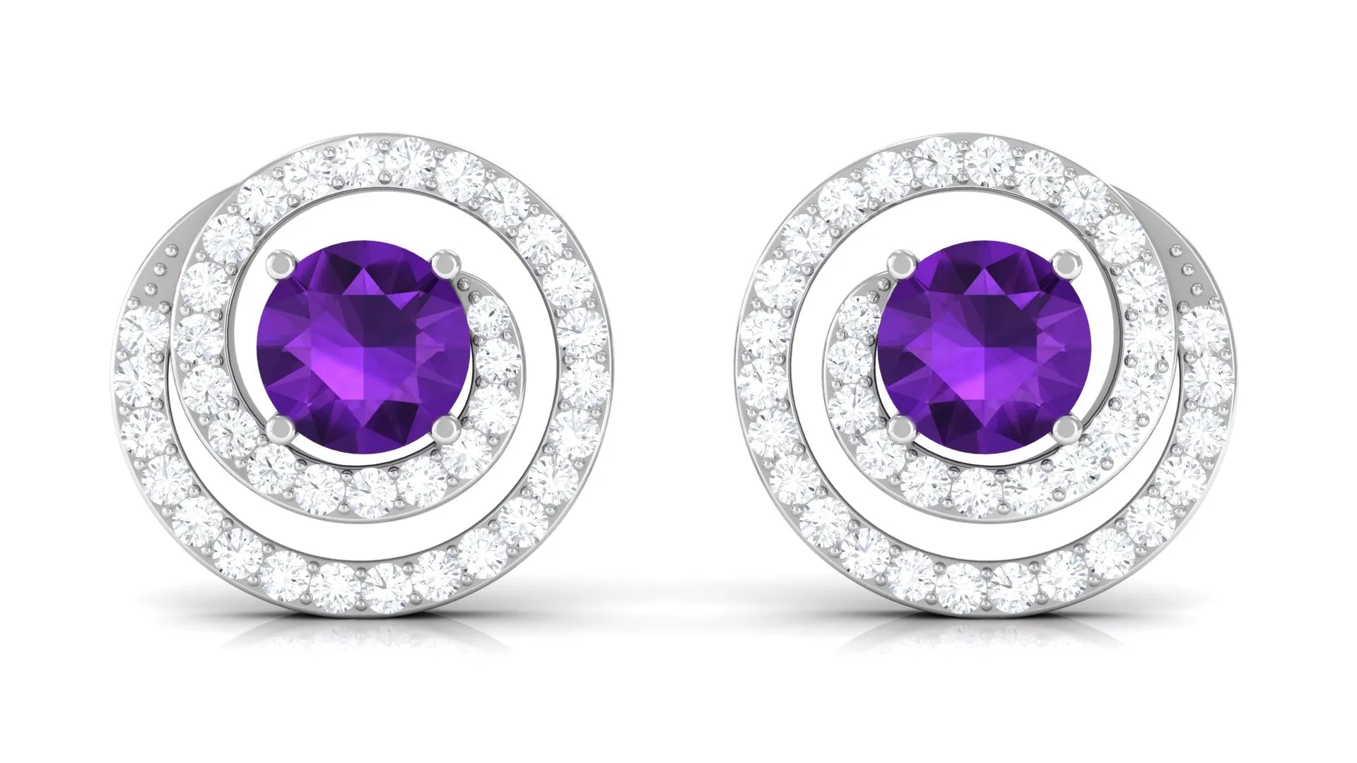 Round Amethyst and Diamond Contemporary Swirl Stud Earrings