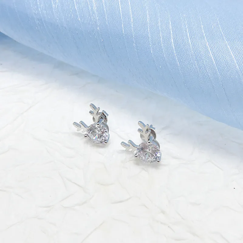 Round Zircon Antlers Silver Stud Earrings
