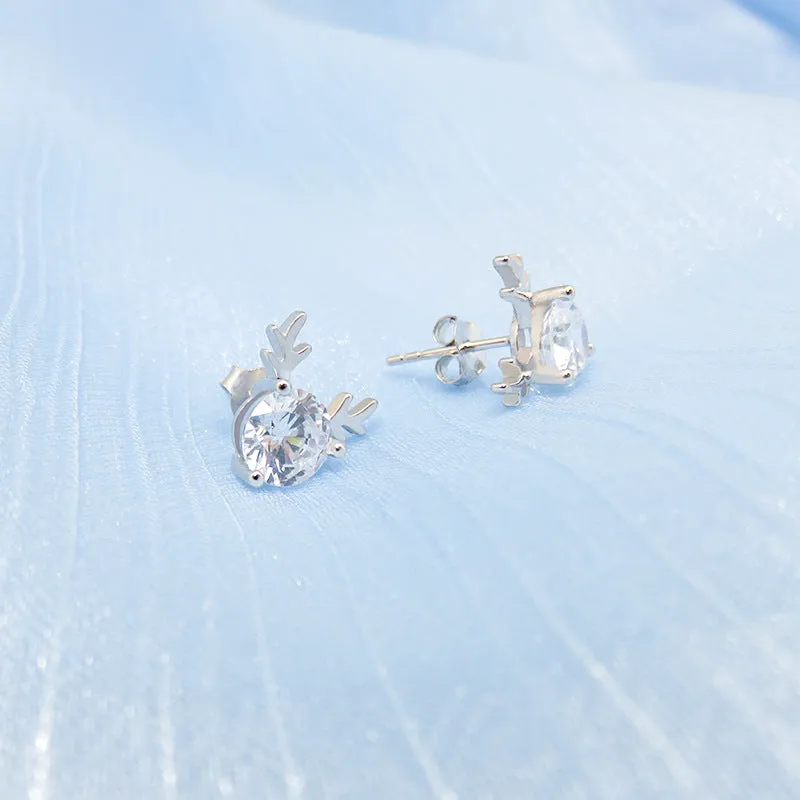Round Zircon Antlers Silver Stud Earrings