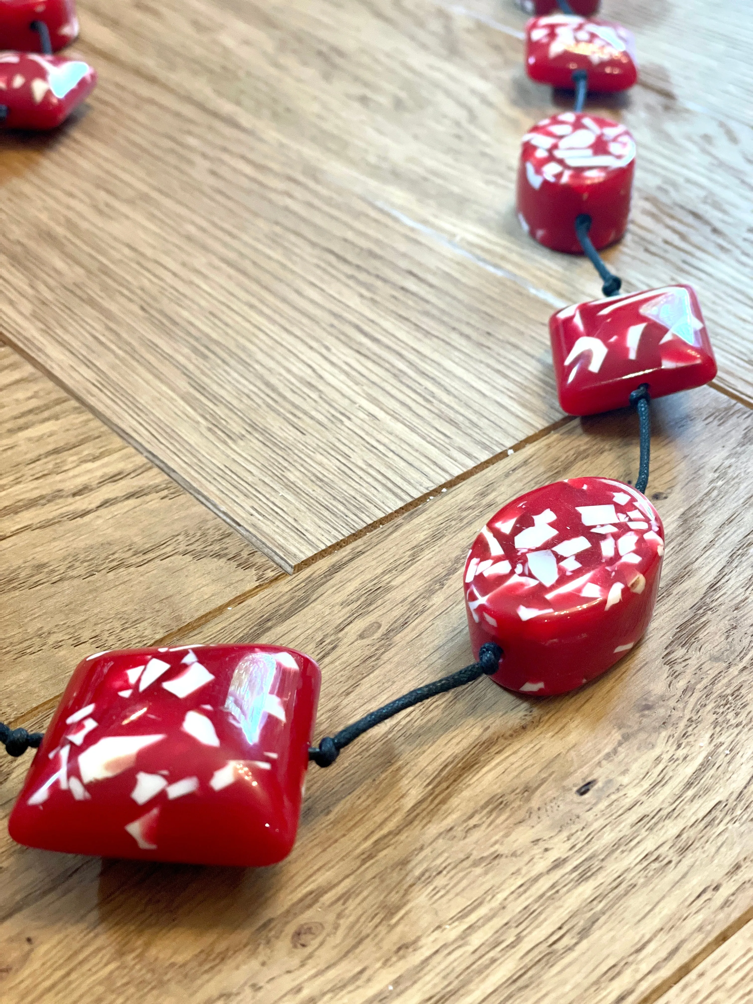 Statement Speckle Red And White Long Acrylic Necklace