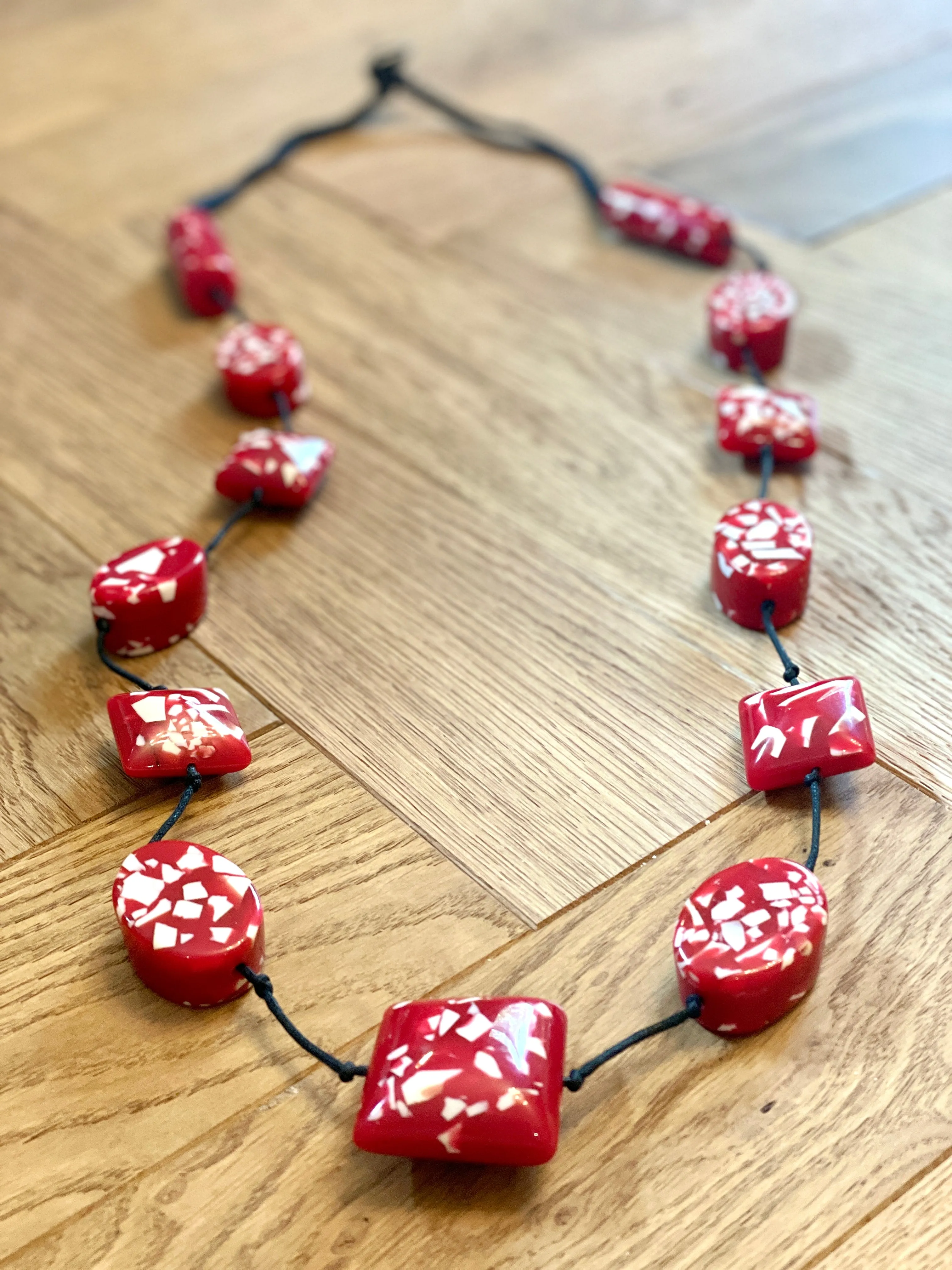 Statement Speckle Red And White Long Acrylic Necklace