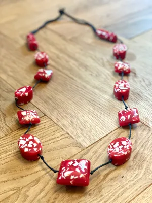 Statement Speckle Red And White Long Acrylic Necklace
