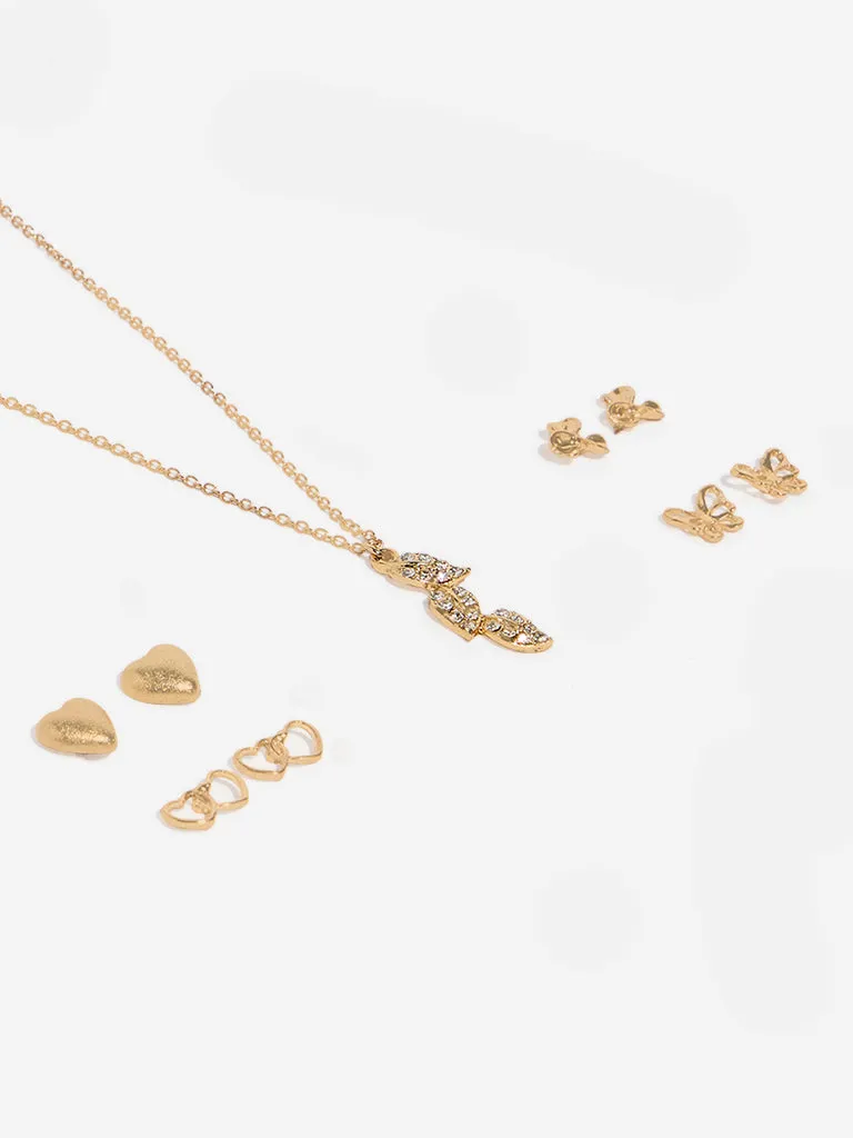 Westside Accessories Gold Leaf-Designed Pendant Necklace & Earrings Set